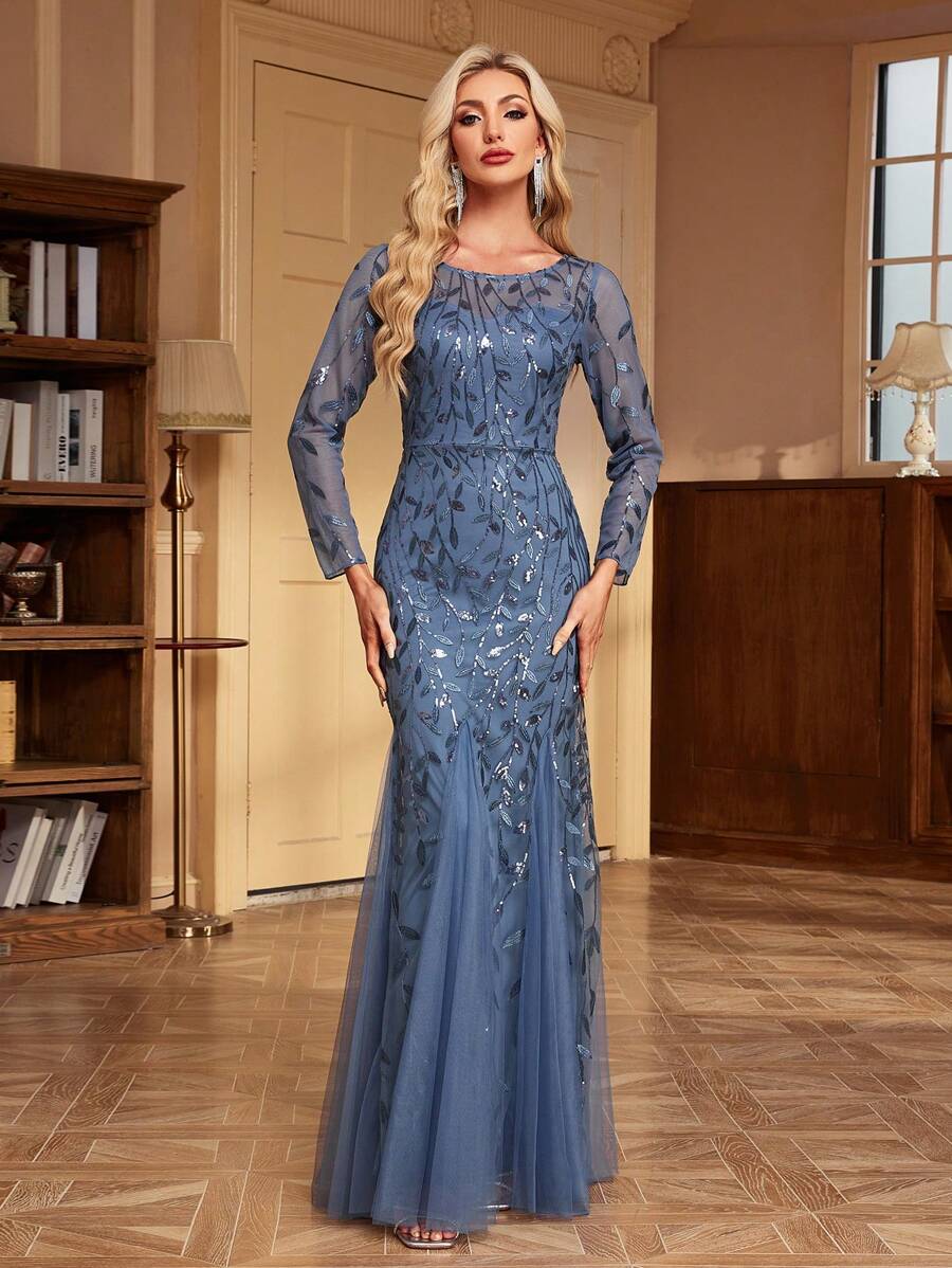 Women's Elegant Contrast Color Sequin Embroidered Mesh Mermaid Evening Gown, Ball Gown, Wedding Guest Dress, Holiday Party Formal Wear - Dusty Blue - View 1