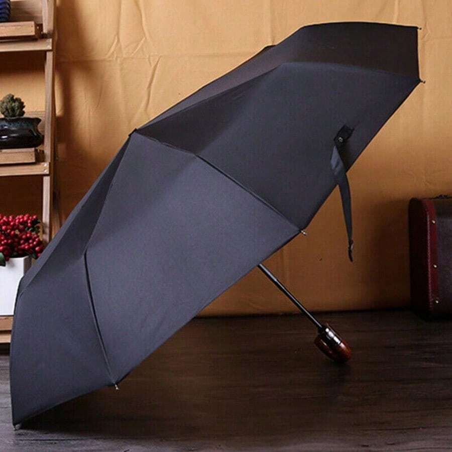 New Auto Open/Close Crook Handle Umbrella, Black Windproof And Waterproof Design, Lightweight And Durable For Business & Casual Use