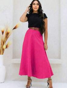 Women's Long Round Skirt Tailoring Evangelical Fashion Casual Basic Winter High Waist Elegant - Màu Hồng Tươi - Xem 3