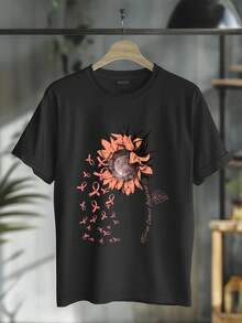 UTERINE CANCER Awareness Sunflower Peach Ribbon T-Shirt Casual Short Sleeve Shirt - 黑色 - 查看 1