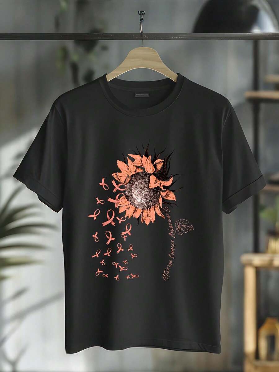 UTERINE CANCER Awareness Sunflower Peach Ribbon T-Shirt Casual Short Sleeve Shirt - 黑色 - 查看 1