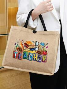 Bolso de mano de lino con estampado de patrones temáticos de maestros, bolso grande con bolso pequeño, con diseños de colores contrastantes que presentan patrones de útiles escolares, libros y artículos de papelería