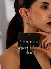 6 对哥特式深色铆钉滴油五角星、蝙蝠、心形玫瑰、吉他、钥匙、海星、乌鸦、骷髅时尚奢华设计耳环套装 - 多色-J - 查看 4