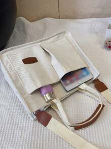 Striped Corduroy Foldable Tote Bag, Large Capacity - White - View 7