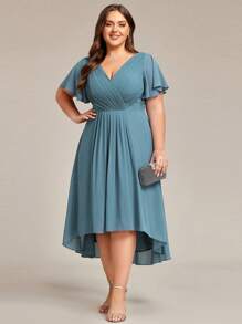 EVERPRETTY Plus Size Women Double V-Neck Ruffles Sleeve A-Line Chiffon Midi Wedding Guest Dress, Bridesmaid Dress