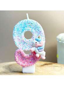 1 bunter Einhorn Kerze, blaue rosa digitale Kerze mit Pailletten, digitale 0-9 Geburtstagkerzen, geeignet für Geburtstagskuchen Dekoration, geeignet für Einhorn Themen Kuchendekorationskerzen, reine handgemachte DIY Kuchendekoration, die Position der kleinen Pailletten ist leicht unterschiedlich