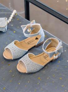 1 par de sandalias de princesa con diamantes de imitación y brillo para niñas, zapatos de baile de suela blanda con correa para el tobillo y punta abierta para niños