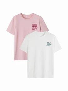 两件套，女式夏季休闲度假风格百搭字母和海龟印花图案圆领短袖T恤。图案T恤女式白色上衣黑色上衣粉色上衣度假装女式