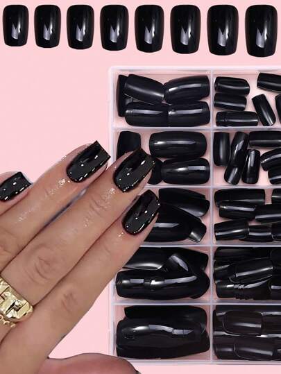120pcs Black Square Smooth Nail Stickers Set - Short, Full Coverage, Solid Color Fake Nails, Suitable For DIY Manicure, Perfect For Women And Girls, Nail Art Accessories, Includes 5pcs Jelly Gel And 5pcs Nail Files Nail Supplies
