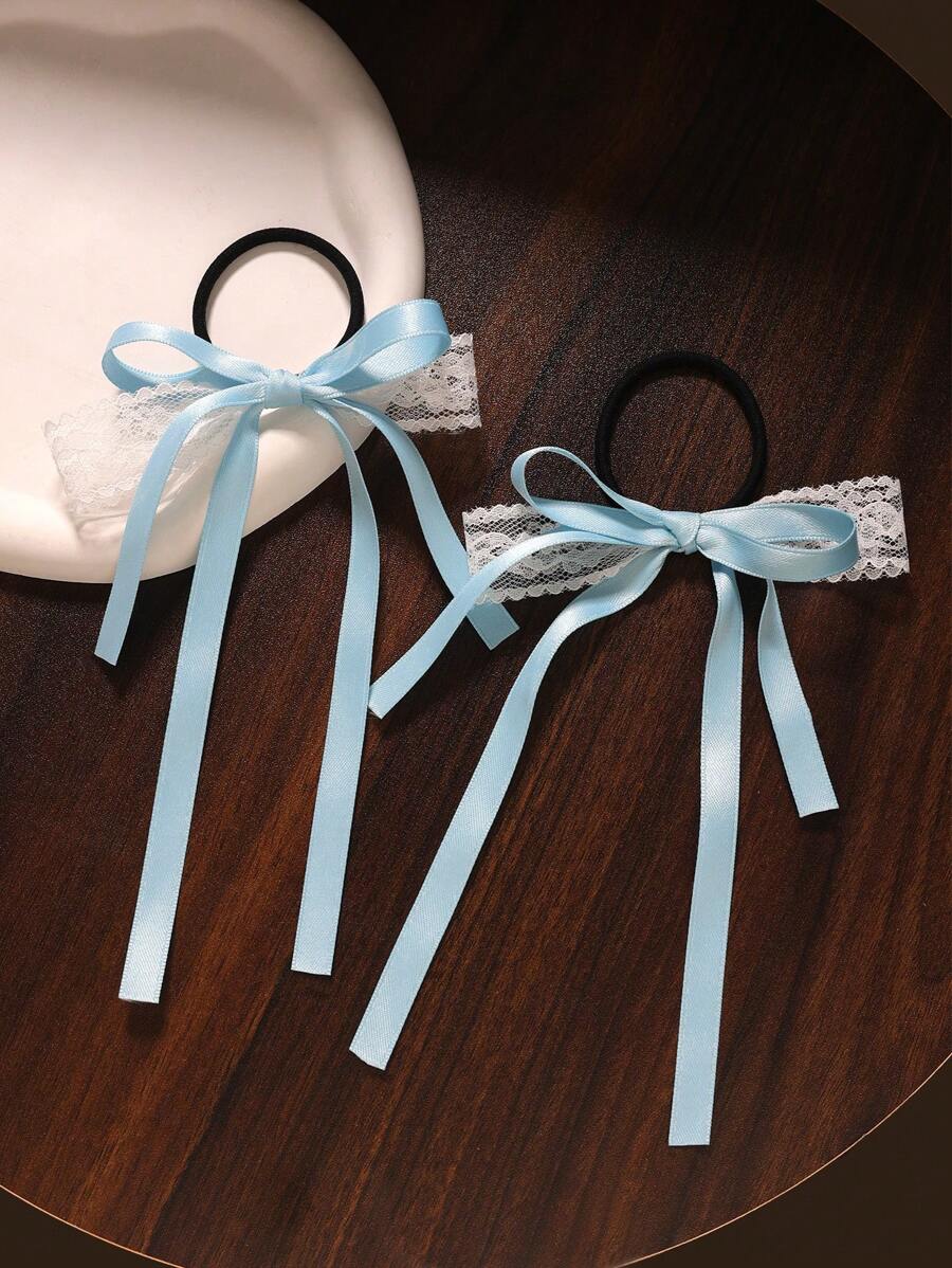2pcs/Set Lace Ribbon Double Layer Bow Hair Ties Hair Accessories Bow Casual Bohemian Court Style Polyester Fiber (Polyester) All Season - Baby Blue - View 1