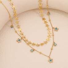 Freegrow 1pc Devil's Eye & Star Stainless Steel Double Layer Necklace, Suitable For Women Daily Wear - Gold - View 3