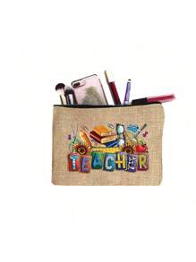 Bolso de mano de lino con estampado de patrones temáticos de maestros, bolso grande con bolso pequeño, con diseños de colores contrastantes que presentan patrones de útiles escolares, libros y artículos de papelería