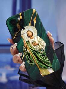 苹果绿色基督教手机壳创意时尚简约个性佛像/耶稣图案天使之眼材质生日/节日礼物