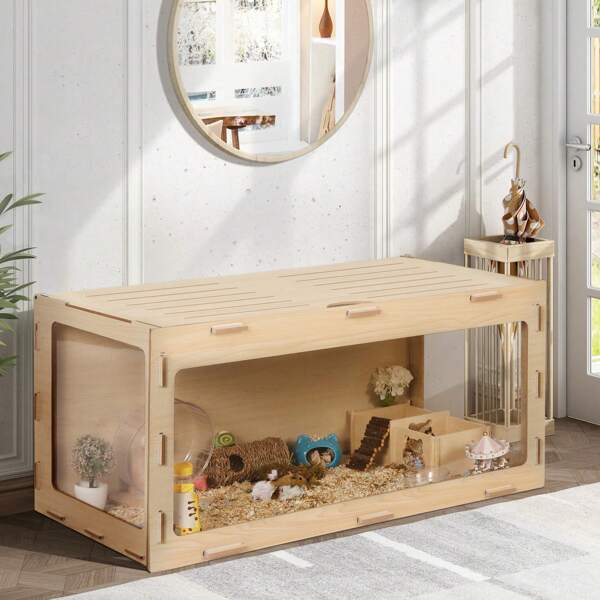 Wooden Hamster Cage Habitat W/ Acrylic Board And Flip Top, Large