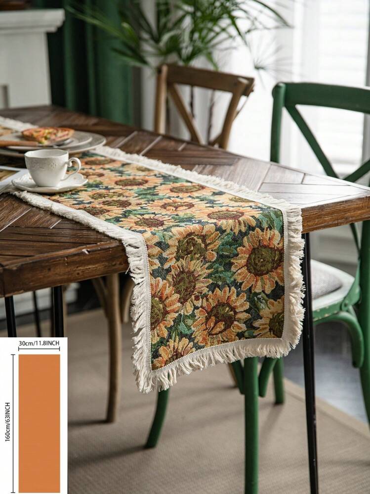 Oil Painting Sunflower Jacquard Decorative Table Runner, American Retro Style Kitchen Home Decor, Rectangular Tablecloth For Coffee Table TV Cabinet, Dust Cover, Suitable For Holidays, Family Party, All Seasons - Multicolor - View 17