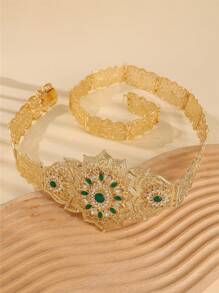 1 件摩洛哥风格金属腰带，镂空花卉镶嵌水钻装饰女士婚礼珠宝腰链，可调节长度情人节配饰