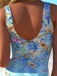 2025 New Arrival Blue Butterfly Print Modest One-Piece Swimsuit, In Stock Best Seller - Sky Blue Butterfly - View 5