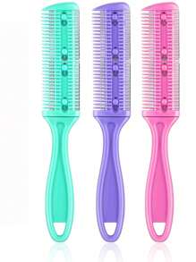 3件套剃须刀梳子套装，理发剪梳，双刃剃刀，头发打薄梳，长款精细造型工具（绿色、紫色、粉色），美发造型工具及发饰