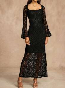 Vestito elegante da donna a maniche lunghe, a fantasia di pizzo, a tinta unita, aderente