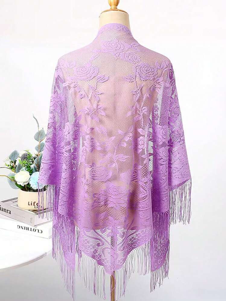 1 pieza Bufanda/Chal triangular de mujer de unicolor con encaje, rosa, flecos, diseño elegante y de moda, transpirable, pañuelo para el cuello para vestir - Rosa - Ver 21