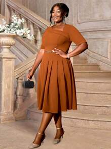 Elegant A-Line Brown Dress, Asymmetric Neckline Design, Plus Size, Suitable For Events, Church Gatherings, Work, Business Occasions, Fashionable Women's Elegant Dress Summer - Brown - View 5
