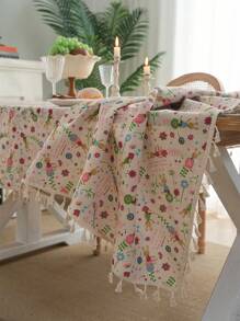 Bubaba 1pc Multi-Color Cartoon Flower Rectangular Tablecloth, Rustic Farmhouse Style Linen Print With Beige Tassel Decor, Suitable For Dining Room Round Table, Kitchen, Party, Holiday Celebration, Hotel, Cafe, Bedroom, All Seasons