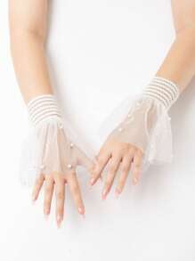 1pair Ladies' Stud Beaded Rolled Edge Sleeve Cuff With Lace Decoration Valentine's Day Valentines