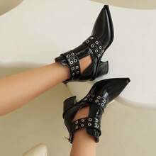 Women's Cutout Double Buckle Strap Booties Pointed Toe Chunky Block Heel Boots With Back Zipper Summer Ankle Boots Dressy Heeled Sandal - 黑色 - 查看 3