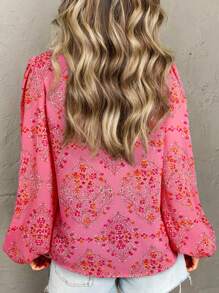 Astylish 女士花卉印花衬衫 波西米亚风休闲长袖纽扣衬衫上衣 时尚度假装春季衬衫 - 粉色 - 查看 2