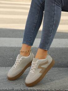 1 双女式休闲滑板鞋，圆头系带几何图案平底鞋，徒步户外时尚舒适百搭休闲/运动鞋 - 杏色 - 查看 4