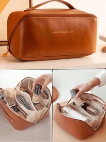 1 Peça Bolsa de Maquiagem Impermeável de Couro PU, Organizador de Cosméticos, Bolsa de Toucador Portátil, Nécessaire Impermeável de Couro PU para Produtos de Skincare, Bolsa de Maquiagem de Grande Capacidade com Dupla Camada, Organizador de Maquiagem, Acessórios de Banheiro Volta às Aulas