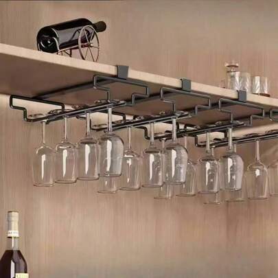 1 Goblet Holder Under The Cabinet Wine Glass Rack, Kitchen Hanging Glass Metal Storage Rack, Nail-Free Glass Storage Rack, Black, Space-Saving, Easy To Install, Non-Slip, Suitable For Families, Bars, Kitchens, Cafes, Offices And Hotels, Affordable Prices,