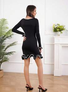 Women's Fashionable Elegant Sexy Fitted V-Neck Ruffle Trim Mini Dress, Spring/Summer - Black - View 2