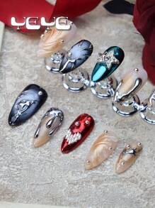 Upgrade Your Look Cost-Saving Maintaining Beautiful Nails All Times With 10pcs Almond Shape Hand-Made Gradient Mermaid Yellow Metal Blue-Green Punk European Style Full Coverage Fake Nails Set Elegant Shiny Metal Silver Rhinestone Decor Star Heart Silver Chrome Metal Red Y2K Novelty Full Cover Acrylic Korea Style Press-On Nails Set For Women And Girls Vanity With 1pc Mini Nail File & 1 Sheet Adhesive Tabs - Multicolor - View 2