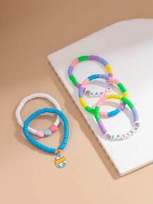 5pcs Fashionable Easter Elements Rabbit & Egg Pendant Bracelets Set, Stackable Colorful Beaded Resin Letter Charm Bracelet, Women Daily Accessory And Holiday Gift Jewelry