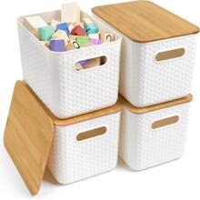 Caja Almacenaje Grande con Tapa de Bambú (Pack de 4) - Cestas Almacenaje de Plástico - Caja Organizadora Decorativa para Escritorio y Oficina - Cajas Apilables de Alta Carga con Tapa - Blanco - Ver 8