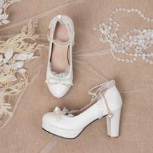 Tacones altos de mujer tipo Lolita con plataforma impermeable, perlas, lazo y tacón grueso hueco