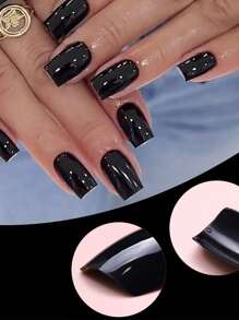 120片黑色方形光滑美甲贴纸套装 - 短款，全覆盖，纯色假指甲，适合DIY美甲，完美适用于女性和女孩，美甲配件，包含5片果冻胶和5把指甲锉等美甲用品。 - 黑色 - 查看 3