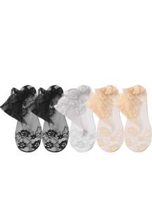 Chaussettes femmes en dentelle transparente Lolita invisibles, fines pour l'été, antidérapantes, courtes, coupe-bateaux