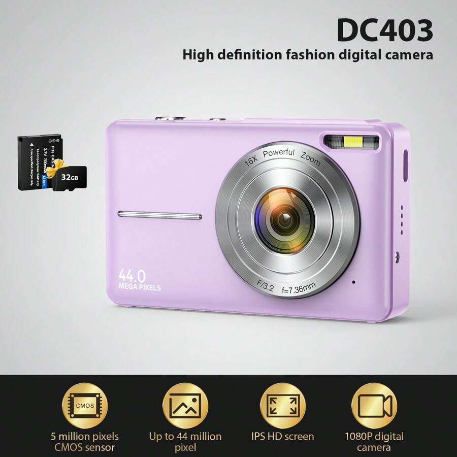 1080P FHD, 44MP, DC403 Digital Camera HD Travel Retro Camera Entry-Level Schoolgirl Small Camera, 2.4-Inch Screen, Portable Vlog Live Camera, Built-In Microphone With 32GB Card, Rechargeable Battery And 16x Zoom, 700mAh Battery Life, 90min Video, 150min Photos, Multilingual Support, Portable Pocket Design, Suitable For Teenagers And Beginners