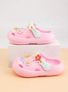 1 Par de Sandálias Slip-On Infantis Florais Vazadas de Resina, Sandálias de Estilo de Princesa Universitária, Planas, à Prova d'Água, Antiderrapantes, de Material EVA, Verão