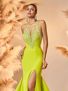 Vestido de graduación escote de barco estilo sirena amarillo, con tirantes, cuello en V profundo y espalda descubierta, vestido de fiesta, vestido formal, vestido de invitada de boda - Mostaza Amarilla - Ver 7