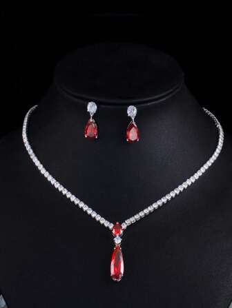 1 Set Stunning Red Purple White Water Drop CZ Crystal Dangle Earrings And Pendant Necklace Cubic Zirconia Bridal Jewelry Set, Silver Plated For Women Wedding Engagement Banquet Party Prom, Brides Bridesmaids Gift