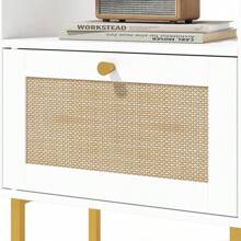 Rattan Nightstand,Farmhouse Bedside Table With Storage Drawer And Open Shelf,Modern Boho Small Gold Frame Side End Table For Bedroom,Living Room,Office(Walnut Brown) - 白色01 - 查看 8