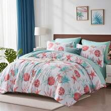 7 Piece Bed In A Bag Bed Comforter Set Queen, Fashion Starfish Coral Print, Boho Print Comforter And Sheet, Pillowcase Set, Soft Microfiber, Comfortable And Warm Bedding Set, Bedroom Decor For All Seasons, Ideal Gift