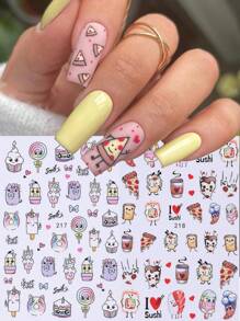 2 PCS Cute Unique Nail Design Candy Ice Cream Candy Drinking Pizza Pattern Lovely Nail Decals Cartoon 3D Self Adhesive Nail Art Stickers For Women Girl Manicure Accessories