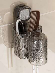 1 pieza Soporte para cepillo de dientes y vaso con ventosa, caja de almacenamiento integrada para cepillo de dientes y vaso, diseño montado en la pared sin perforación, solución ahorradora de espacio para almacenamiento y organización de baño, aseo y ducha, decoración de baño para el hogar, decoración de otoño, regreso a clases