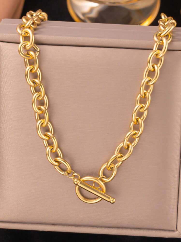 1pc Fashion Ins 2025 New 18K Gold Stainless Steel High Protection Exaggerated Thick Chain OT Clasp Necklace, Suitable For Women's Daily Wear, Waterproof Jewelry Accessory Gift (Without Gift Box), USA - Gold - View 2