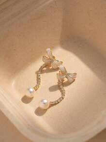 1 Pair Fashion Elegant Simple Design Bowknot Faux Pearl Rhinestone Claw Chain Earrings, Women's Earrings For Daily Wear - Multicolor - View 5