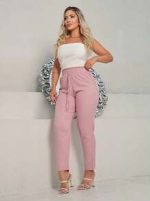 TEREZA Women's Trousers With PREMIUM Linen Italian Hem And Casual Elastic Waistband - 玫瑰 - 查看 5
